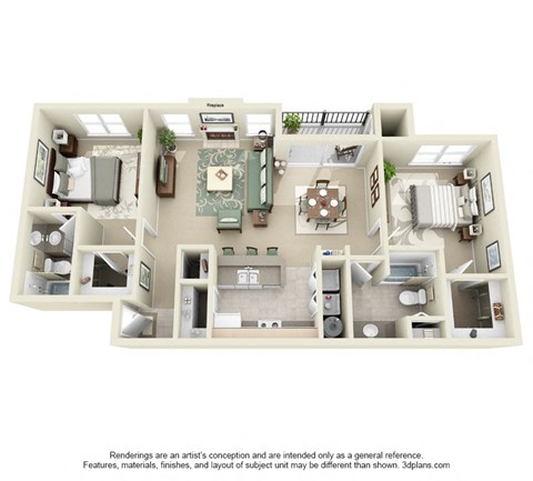 Floor plan for 2 beds, 2 baths, 1049 sqft